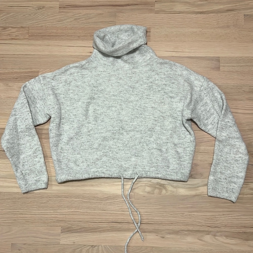 Boutique heather grey crop draw string cowl neck sweater